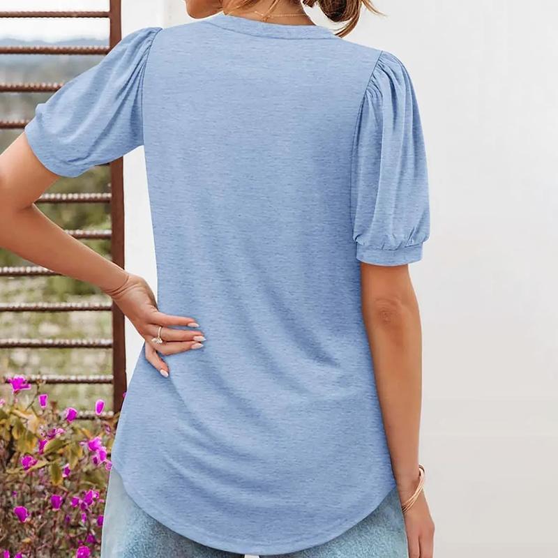 MIDIROSS Women's V-neck Loose Pleated Short-sleeved Waist Top Casual Basic Fitted Blouses with Puff Sleeves and Curved Hem