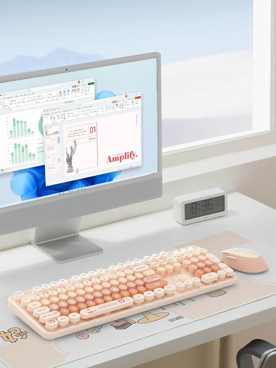 MOFii 1 Set Wireless Keyboard and Mouse Combo, Pink Bear Cute Office Keyboard Mouse, 2.4G Plug and Play, Compatible with Laptop & Desktop, US Qwerty (Battery Not Included)