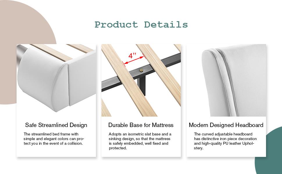 MUTICOR Bed Frame with Modern Iron Pieces Decor,【Frame Only No Mattress】 Faux Leather Platform Bed with Curved Adjustable Headboard, Wood Slat Support, No Box Spring Required#TikTokShopBlackFriday #ChristmasGifts