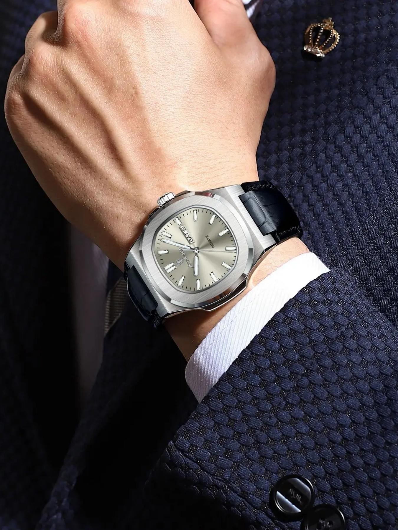 Men's Quartz Watch, Waterproof Design, Date & Day Display, PU Leather Band, Perfect Gift for Him, Sporty Style Timepiece, Casual Analog Watch