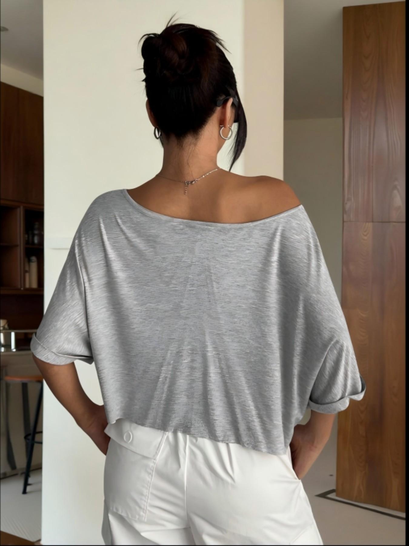 Women's Asymmetrical Shoulder One-Shoulder Short T-Shirt, Loose Fit, Casual, Sexy Off-The-Shoulder, High Waist, Crop Top, Short Sleeve Top
