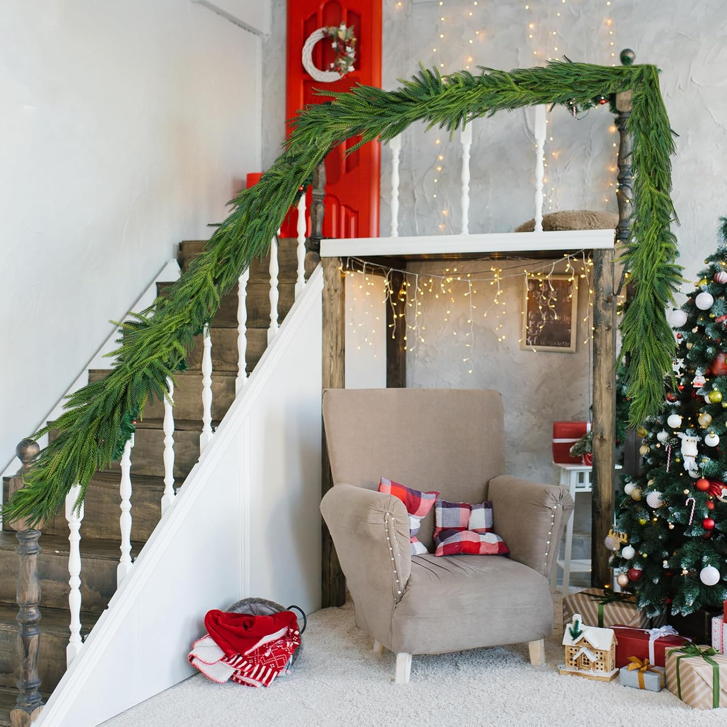 6 Foot Artificial Norfolk Island Christmas Wreath, Faux Pine Garland for Indoor Outdoor Decor, Perfect for Dining Table Fireplace Wall, Hanging Decoration