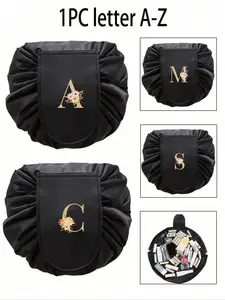 Women's Fashion Drawstring Makeup Bag, Large Capacity Portable Cosmetic Pouch, Travel Cosmetic Bags, Flowers & Letters Design, Travel Bathroom Jewelry Bag