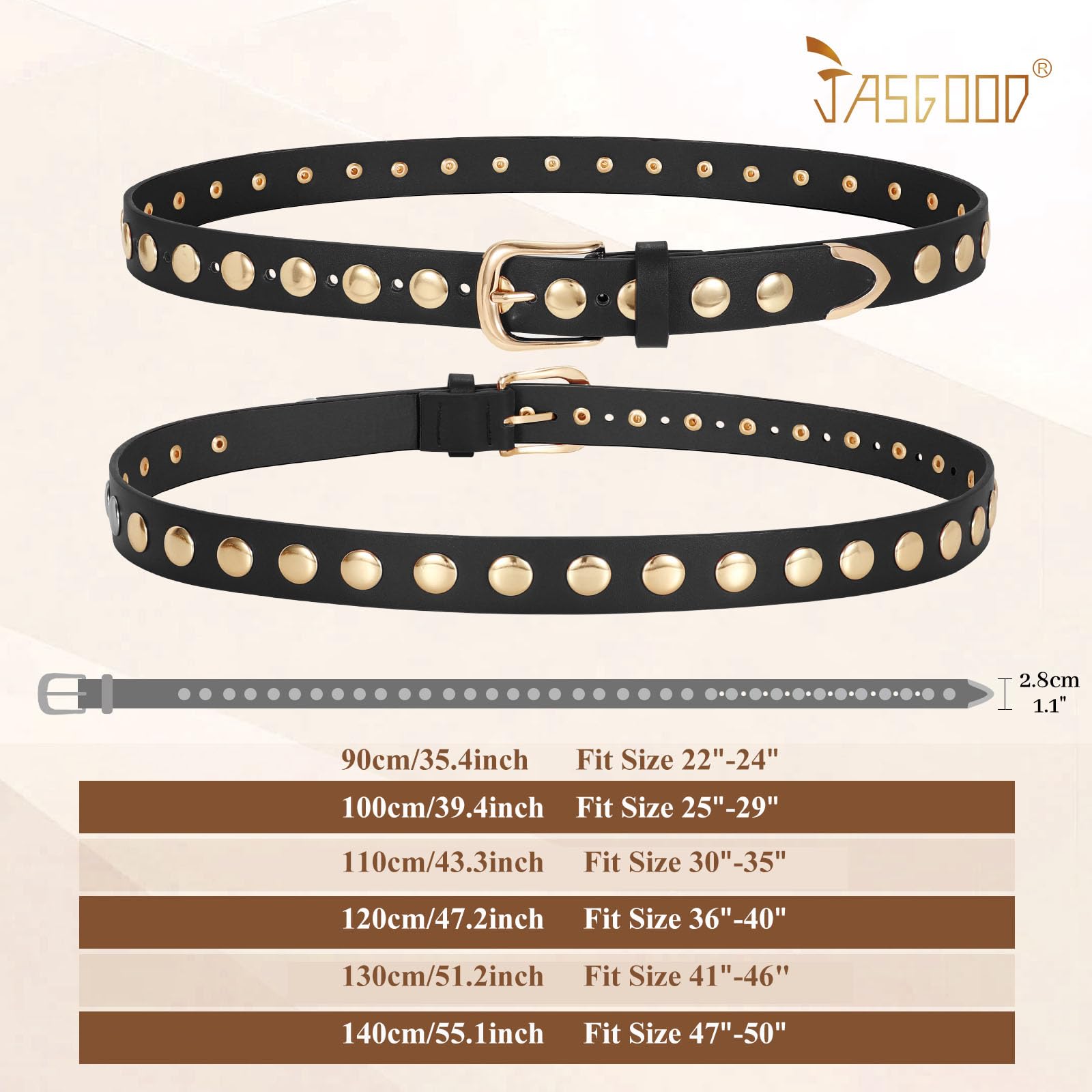 JASGOOD Women Fashion Leather Belt Punk Leather Belt Women Studded Belt for Jeans Pants Dresses