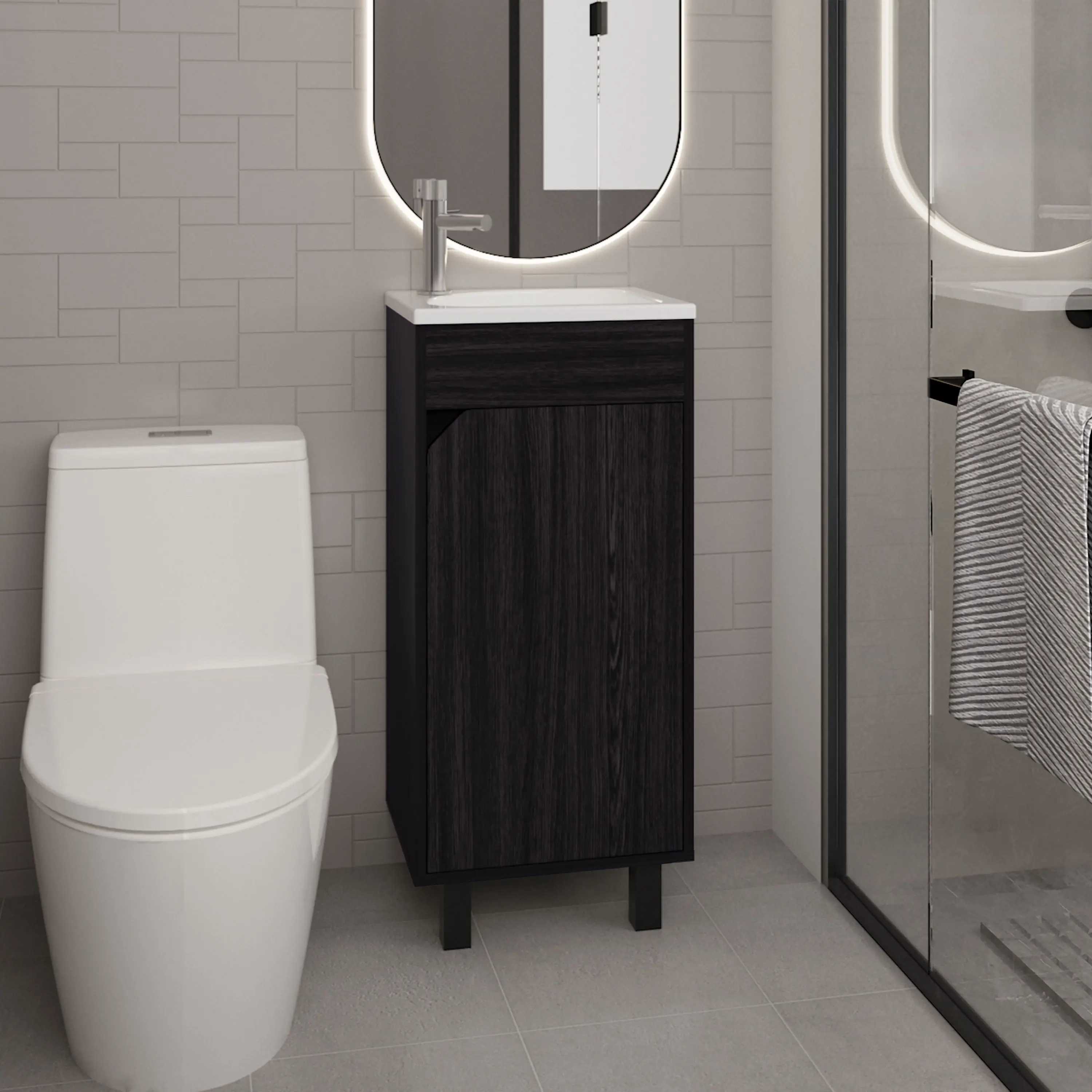 Nokaa Bathroom Vanity with Sink, 1-Door Floor Cabinet, 4 Legs, Engineered Wood, Black, 15.7W x 12.8D x 34H in, Space-Saving Storage for Modern & Traditional Bathrooms, FSC Certified, Easy Assembly