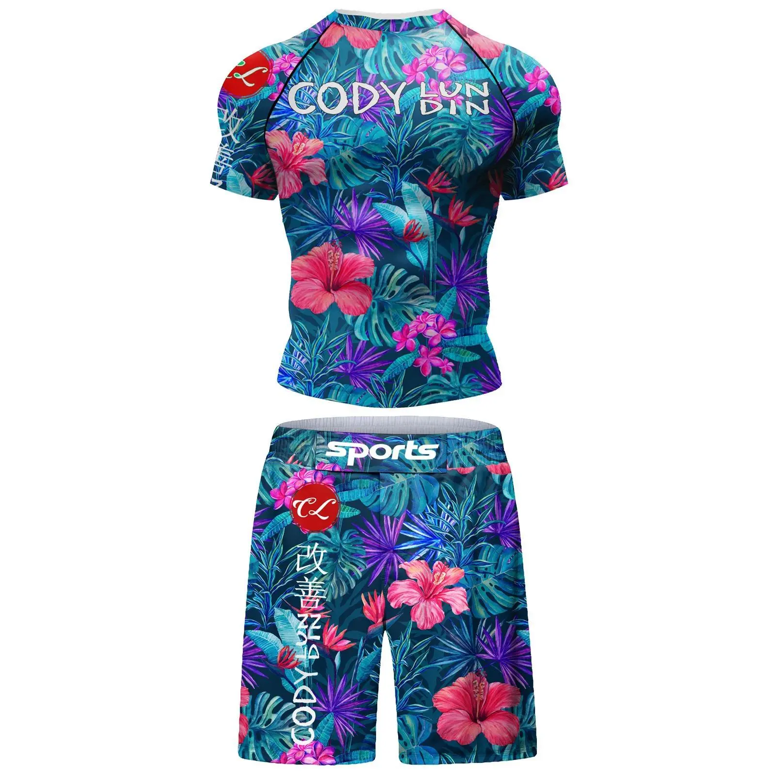 Bodybuilding Surf Wear Short Sets For Jiu Jitsu Bjj No Gi Rashguard+Grappling Shorts Cool Westling Stretchy Running Skin Clothes