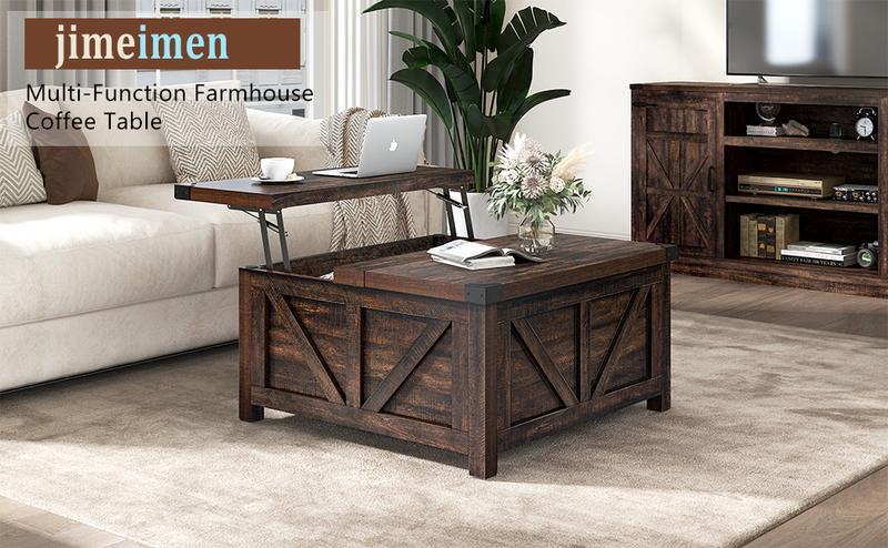 Farmhouse Lift Top Coffee Table with Storage, Wood Square Center Table with Charging Station&USB Ports, Living Room Central Table w/Large Hidden Space, for Living Room, Bedroom, Home Office