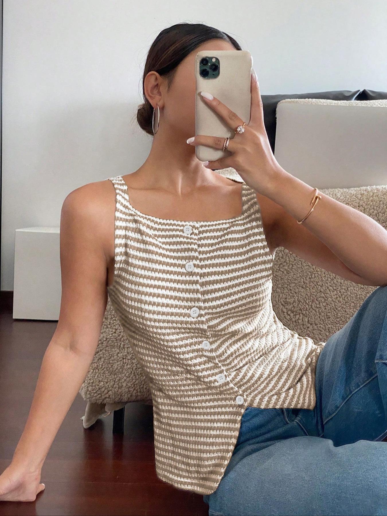 Women's Button Stripe Vest Jacket, Elegant Casual Fitted Sleeveless Top for Daily Wear, Ladies Clothes for Summer