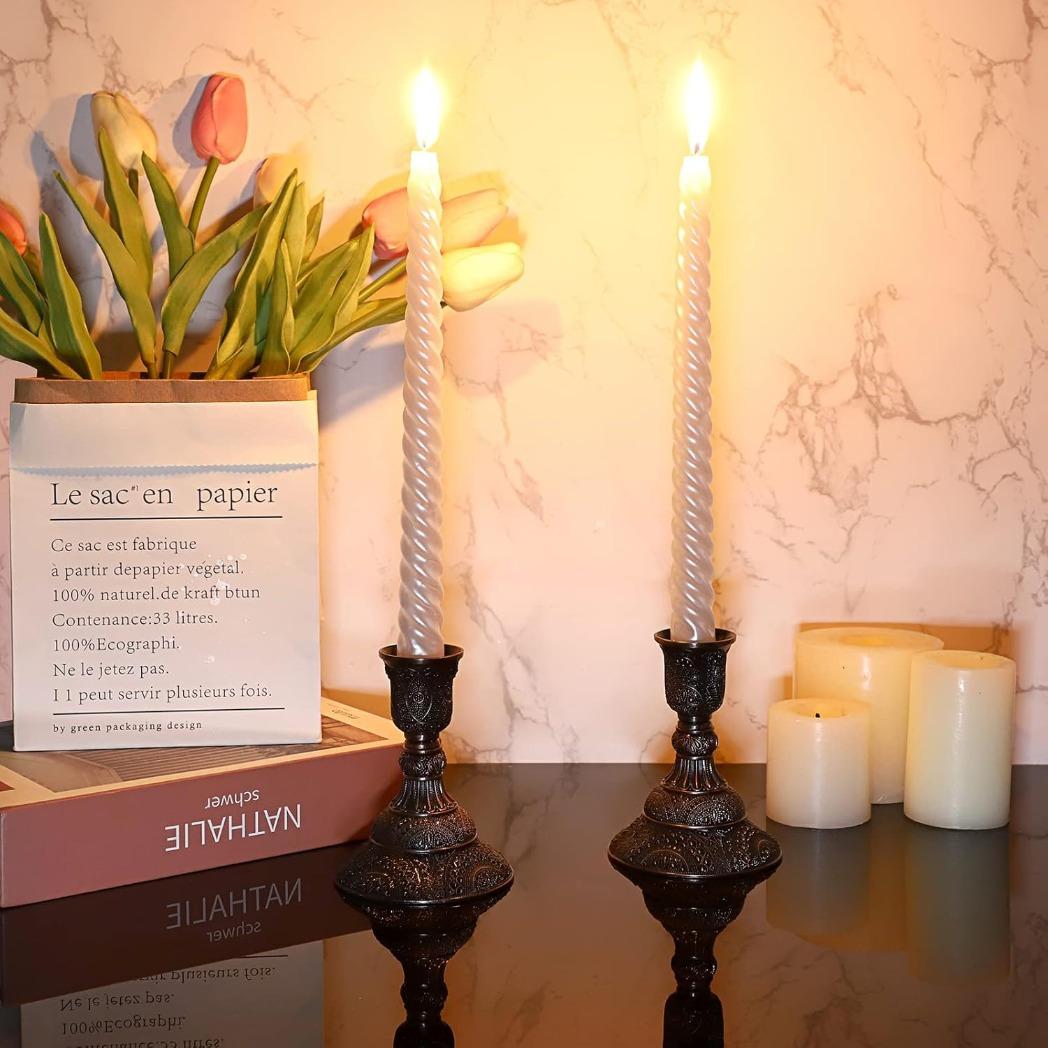 Set of 2 Vintage European Candle Holders - 3.9" Tall Metal Candlesticks with Exquisite Relief Patterns, Red/ Green Bronze/ Gold/ Silver/ Rose Gold Candelabra Table Centerpieces for Wedding Dining Home Decor