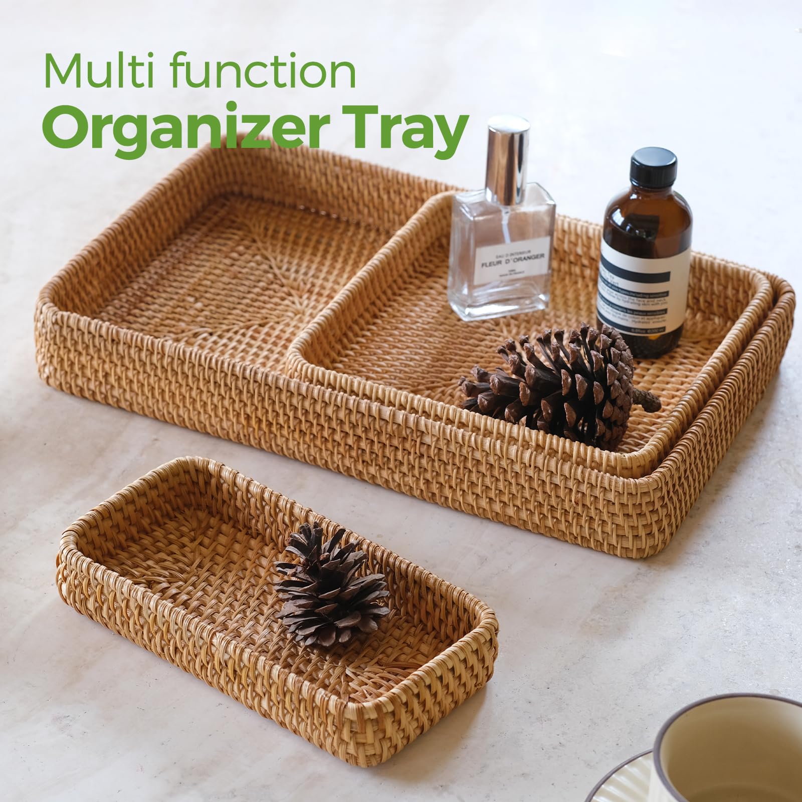 Woven Rattan Serving Tray, Rectangular Wicker Basket, Decorative Serving Tray for Living Room, Coffee Table, Home Organizer for Remote Control, Sundries