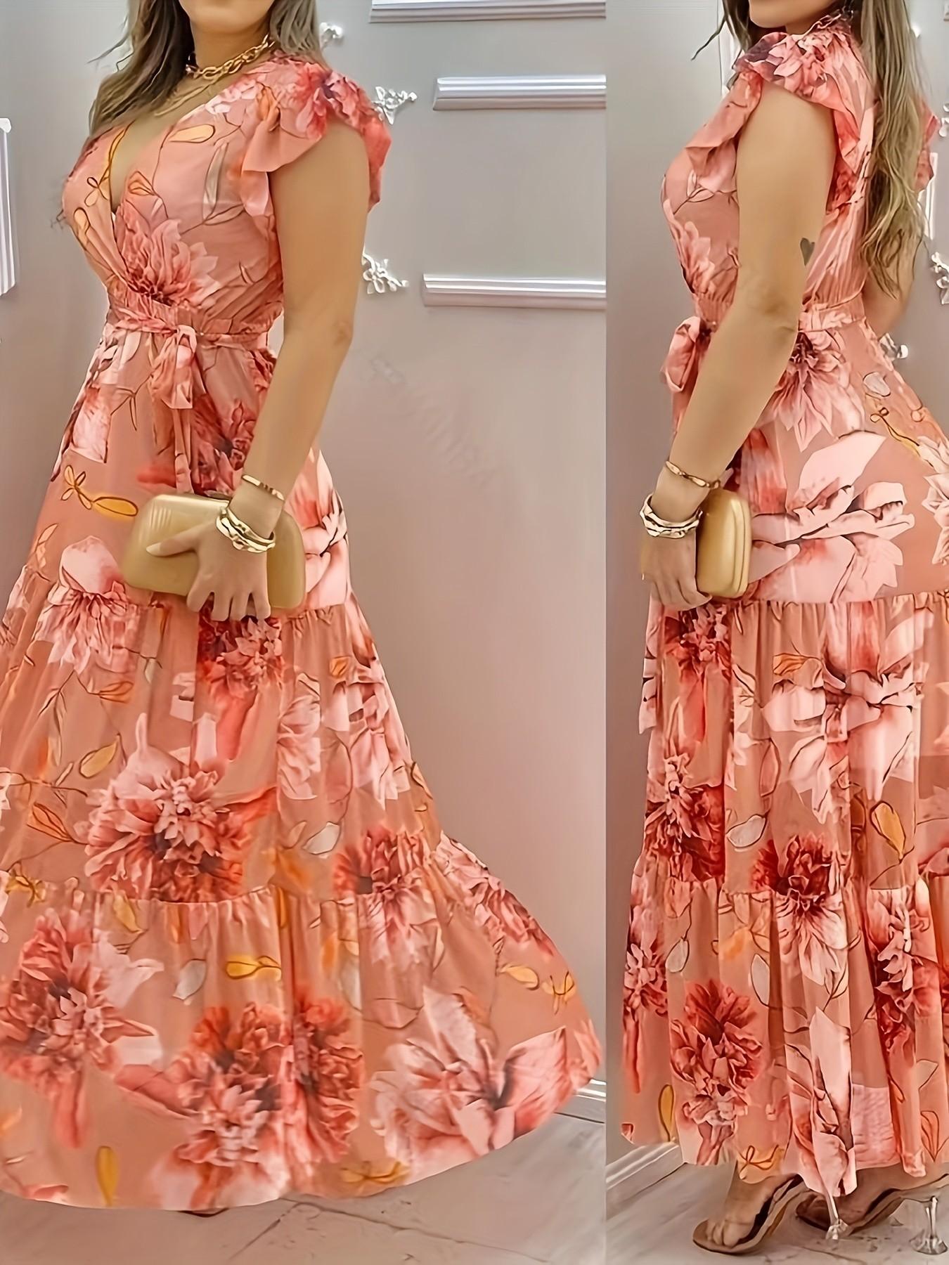 Elegant Women's Floral Print Ruffle Sleeve Waist Cinching Long Dress, Summer Ladies' Dresses, Stylish and Comfortable