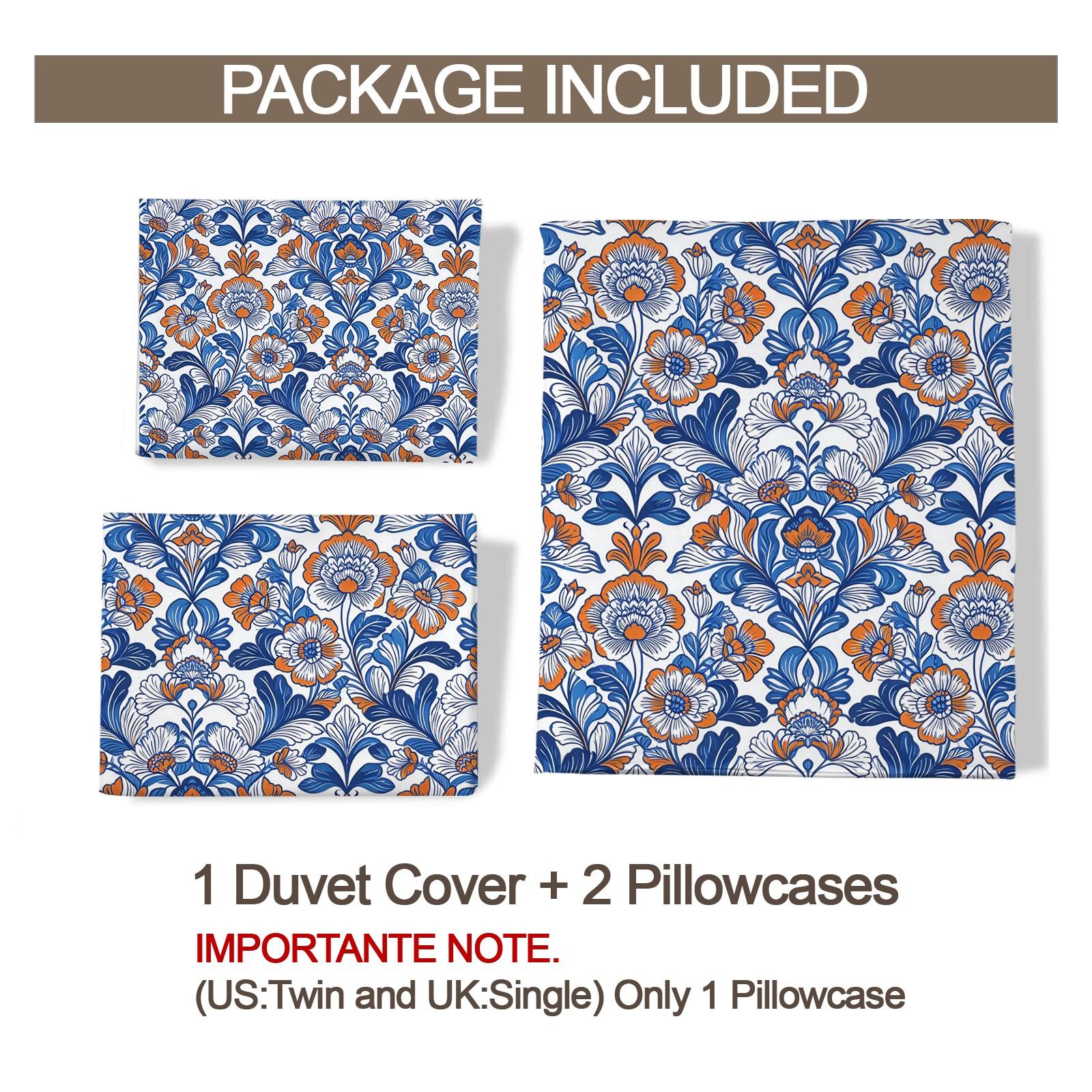 2/3 Piece Bohemian Blue Orange Floral Duvet Cover Set, HD Digital Printed Comforter Cover, Soft Breathable Bedding Set with Zipper & Corner Ties, No Inserts for Bedroom Decor