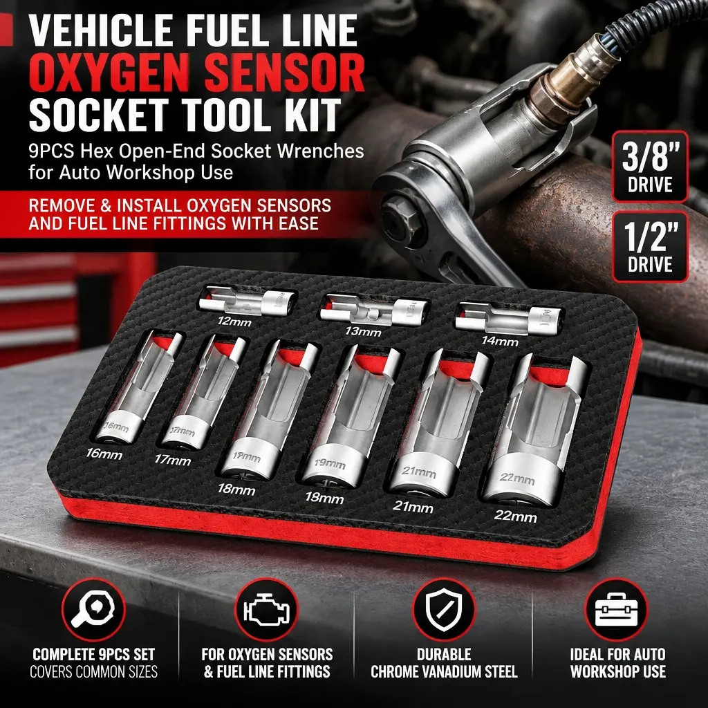Vehicle Fuel Line Oxygen Sensor Socket Tool Kit, 9PCS Hex Open‑End Socket Wrenches, 3/8" & 1/2" Drive Removal Sockets for Auto Workshop Use