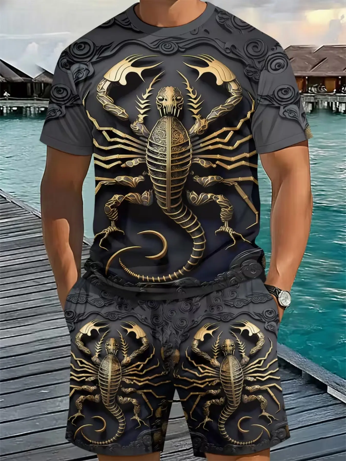 Men's 3D Printed Casual Two-Piece Set, Short Sleeve T-Shirt + Shorts, Dark Mystery Style, Scorpion Totem Print, Summer Essential