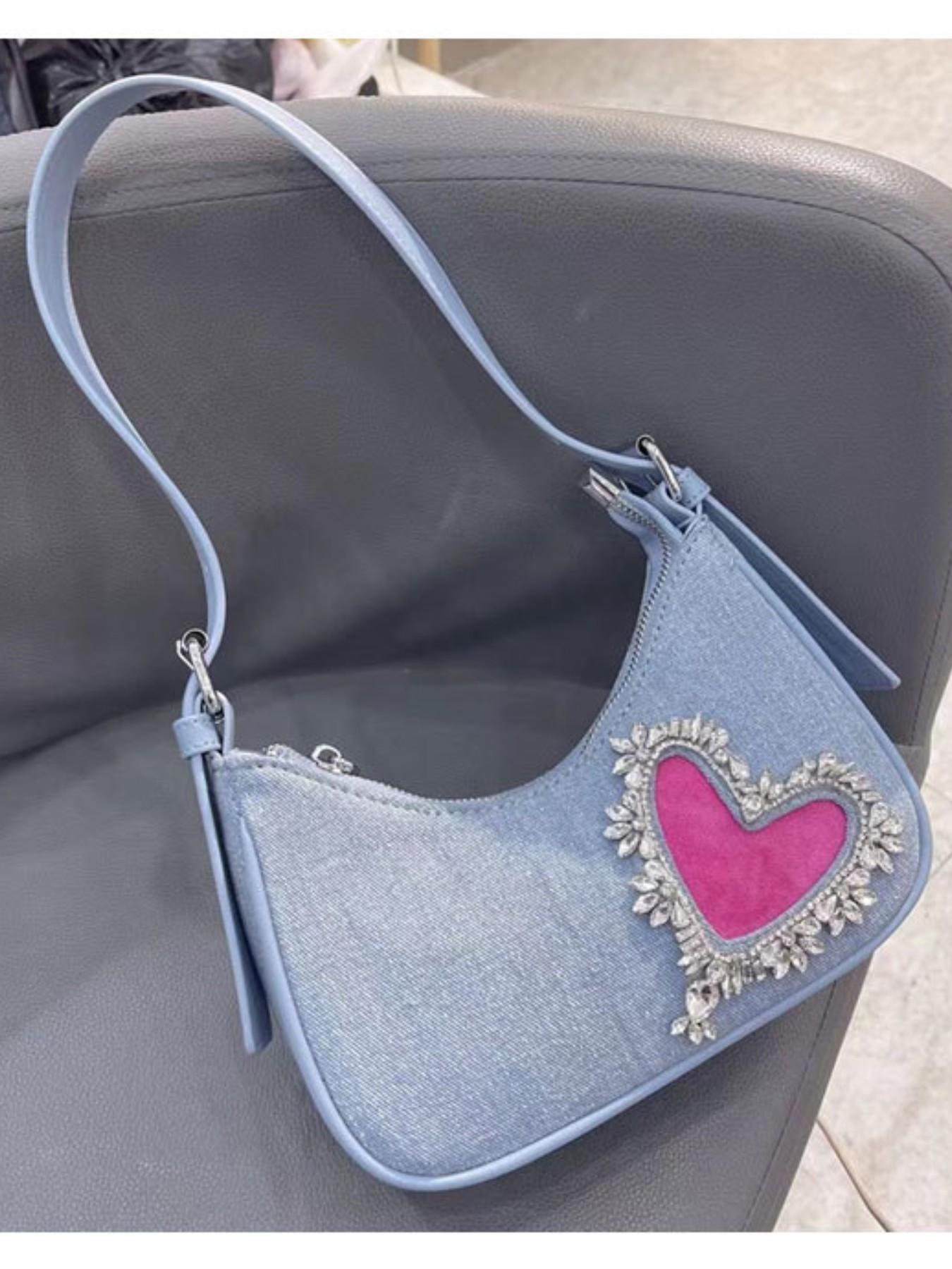Women's Denim Fringe Heart Underarm Bag, New French Style Design, High-End Rhinestone Shoulder Bag, Trendy Fashion Accessory