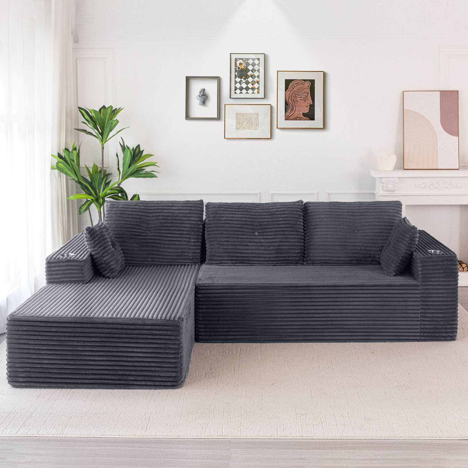 [Hot Sale] MAXYOYO Titan L-Shaped Sofa, 104" Modular Boneless Couch, Corduroy Cloud Sectional Sofa, 104"*65"*31.5", 2 Cupholders Design, No Assembly Required, Cozy for Living Room or Apartment