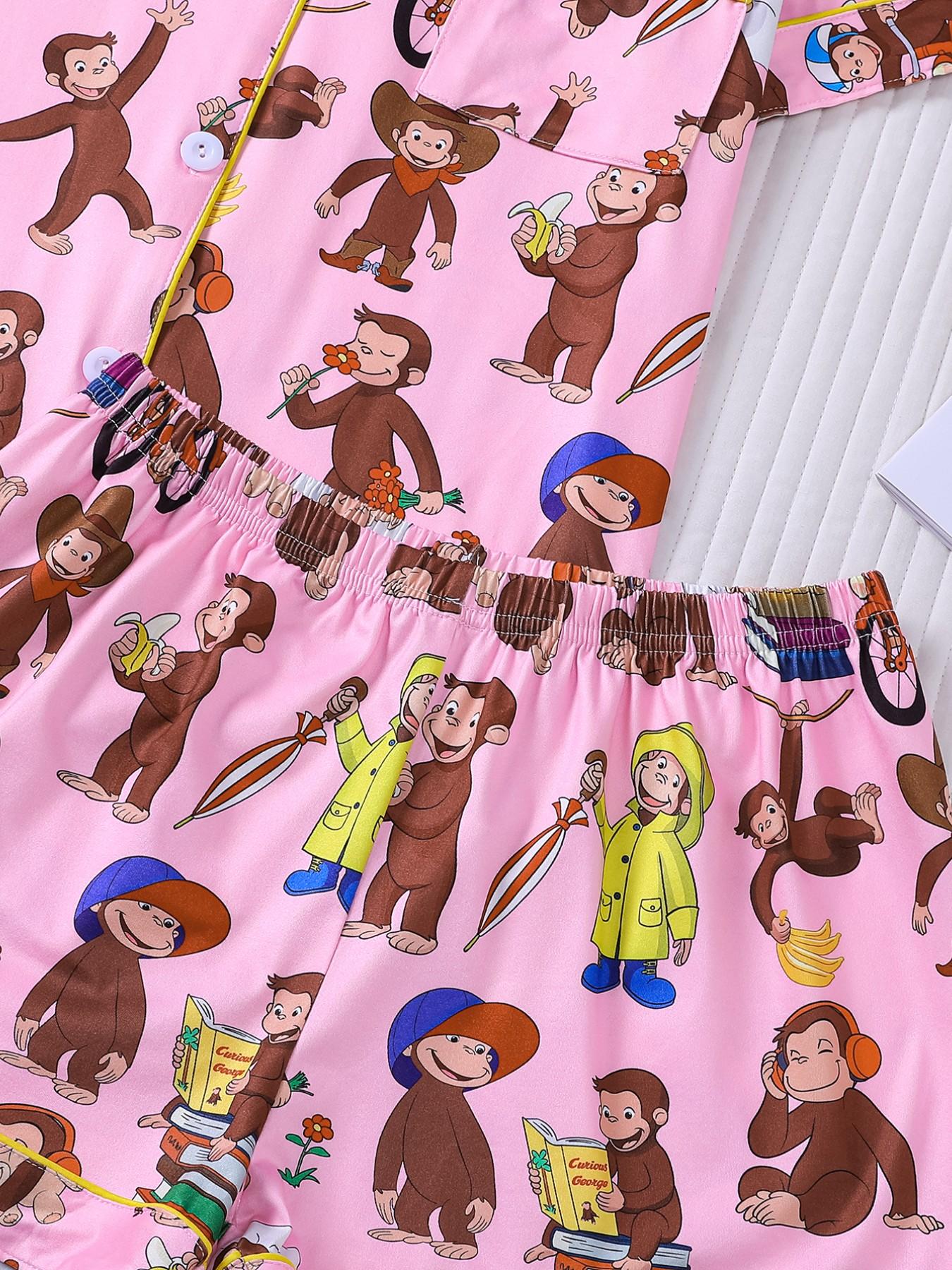 Women's 2 Piece Curious George Cartoon Print Pajamas Set, Cute Monkey Pattern Short Sleeve Button Down Shirt & Shorts Loungewear, Soft Comfy Sleepwear with Chest Pocket & Elastic Waist, Casual All-Season Homewear for Daily Relaxation