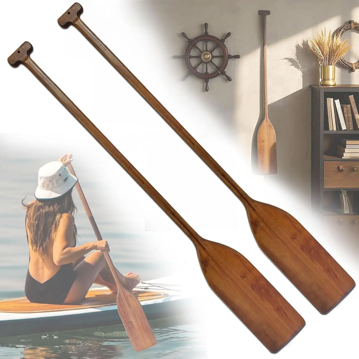 Vintage Style 4Ft Wooden Canoe Oar Paddle, 2 Pieces Ergonomic T-Shaped Handle Handcrafted Durable Pine Wood Oars for Kayaking Fishing Rowing Boats DIY Home Decoration Gift