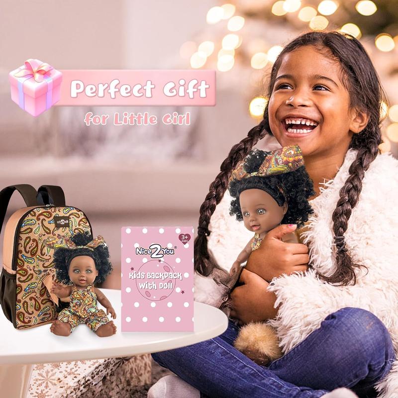 Nice2you Black Baby Doll with Backpack Carrier, 10in American African Doll for Girls Toddlers Aged 2+, Backpack for Baby Doll Accessories Storage, Perfect for 1 2 3 4 5 6 Years Old Kids