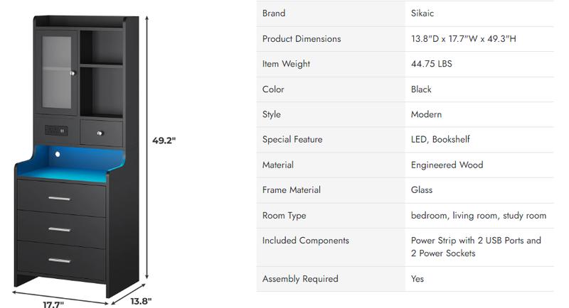 Sikaic LED Tall Nightstand With Charging Station Drawers Shelves Glass Door Storage Lighted Vanity Table Bedside Cabinet