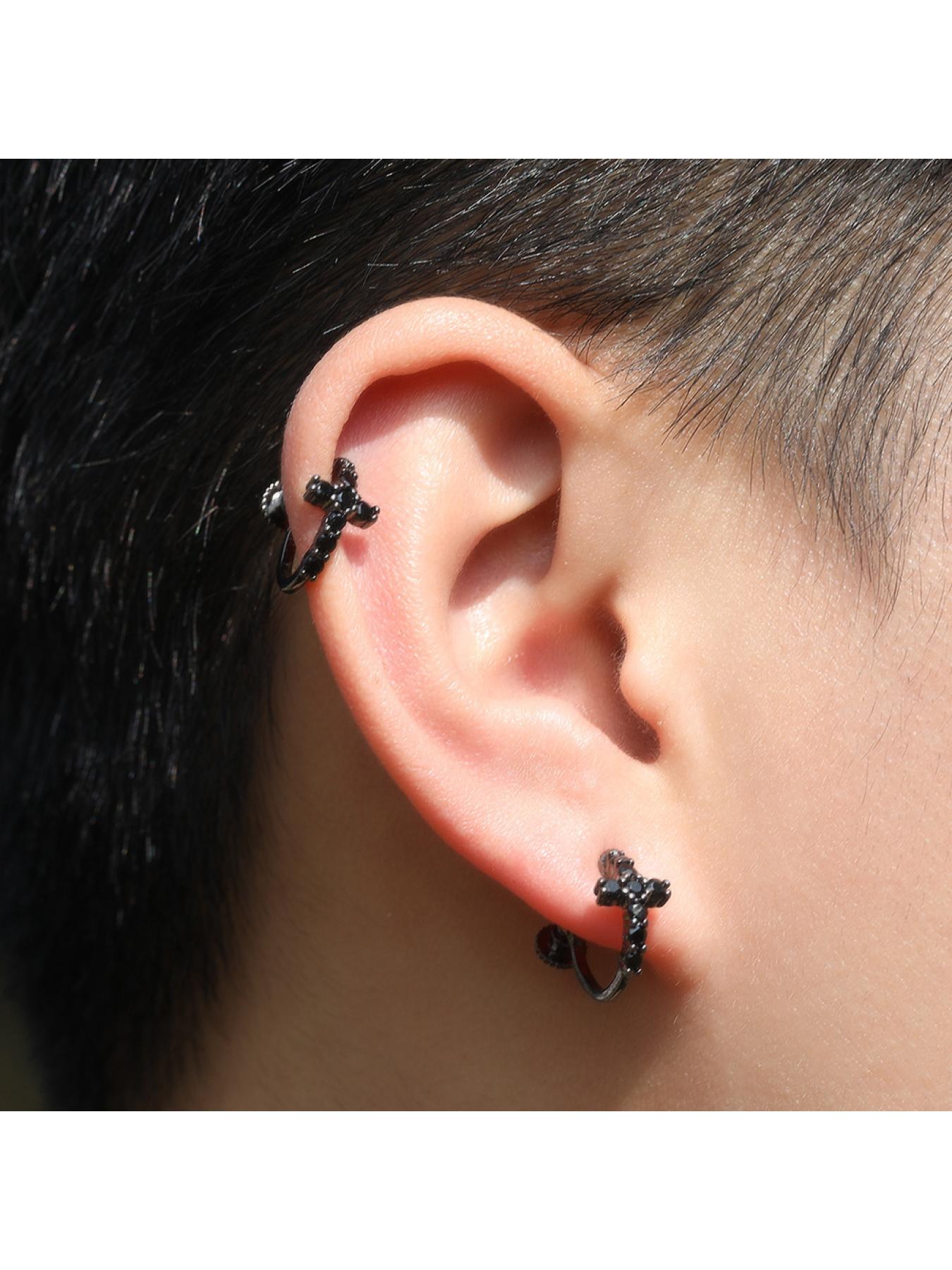 Classic hip-hop minimalist men's earrings, unique black spiral clasp cross earrings, zirconia earrings