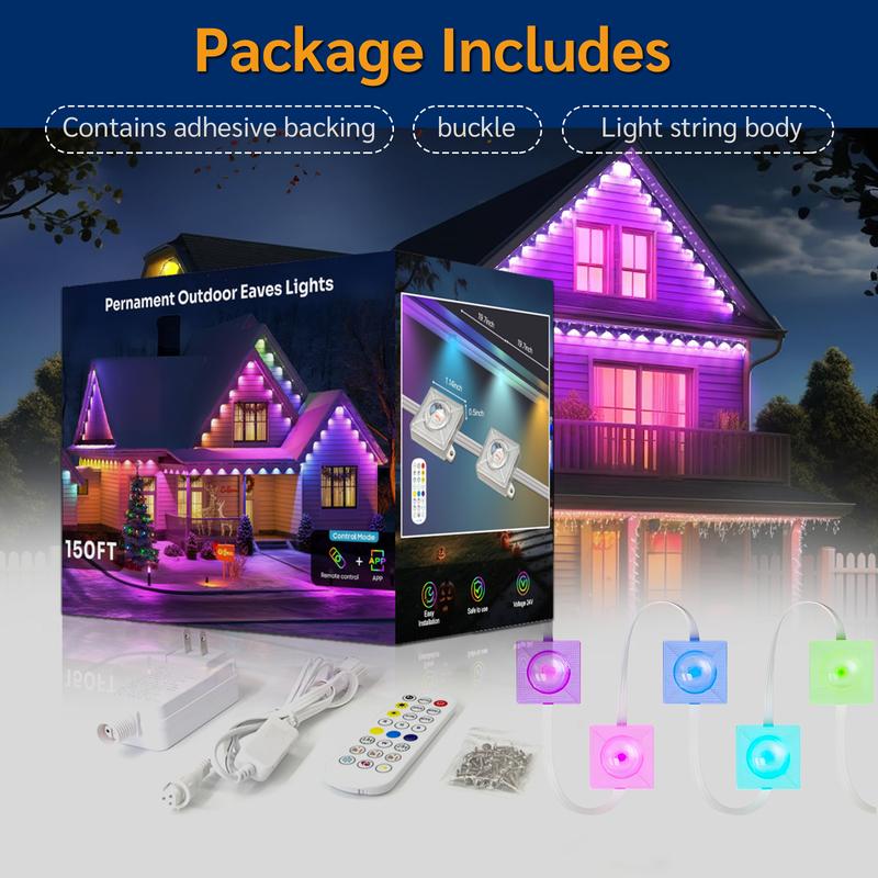 GLITGATE Permanent Eaves Light,  Outdoor Lighting With RGBIC, Permanent Outdoor Lights, Holiday Decorations for Party, Music Rhythm , Remote Control & Bluetooth APP Link, IP67 Waterproof, 50/100 Feet Long, for Festival and Daily  Decor
