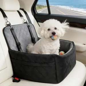 YJ-Garvee Dog Car Seat for Small Medium Pets, Dog Booster Seat Under 30-35 LB, Detachable Washable Pet Car Bed with Storage Pockets and Safety Belt, Easy to Use, Black Gray