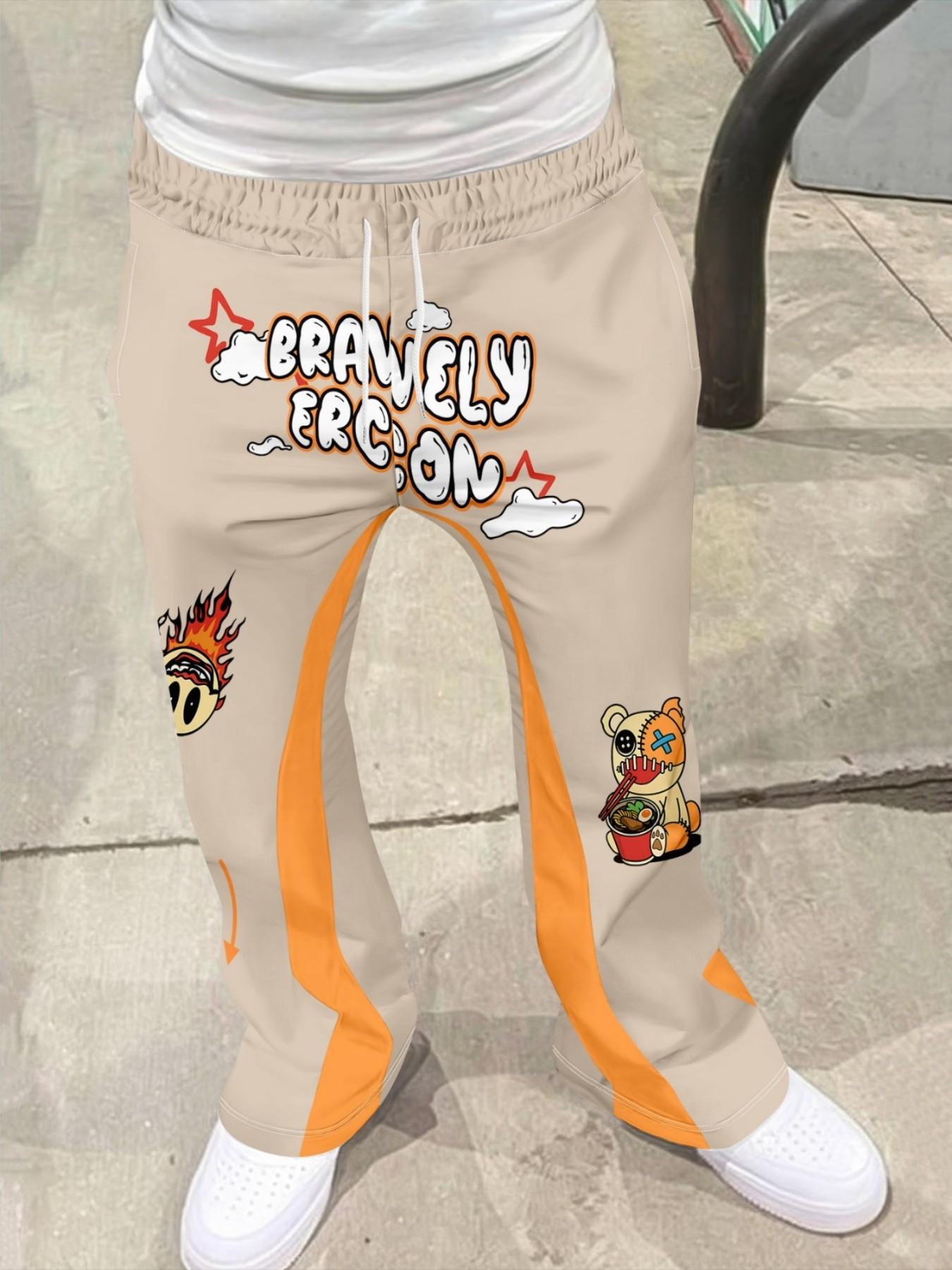 2026 Fall New American Street Cartoon Graffiti Print Flared Pants, Apricot Patchwork Wide Leg Sports Sweatpants, Casual Loose Fit Long Pants