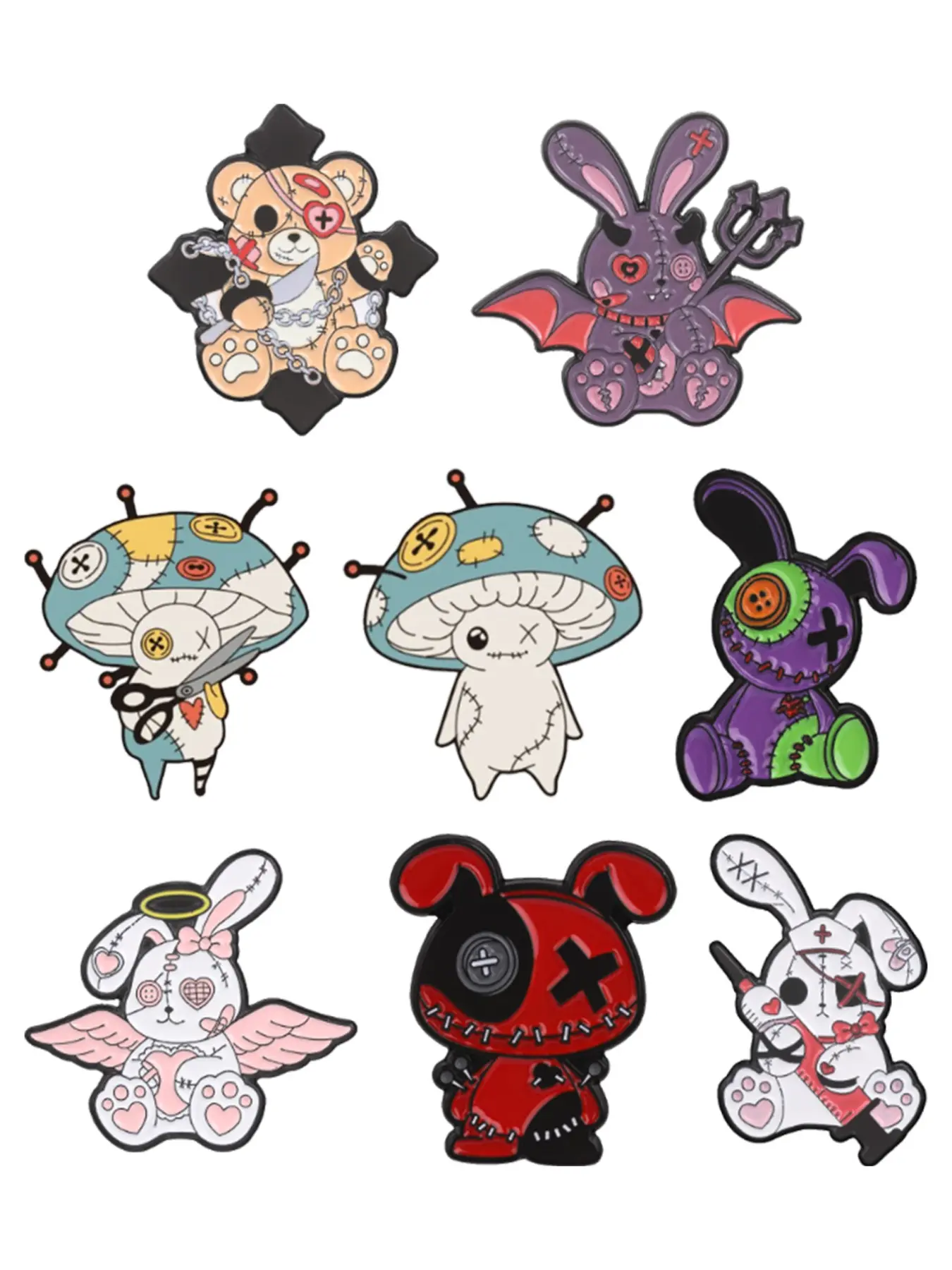8 Styles Stitched Voodoo Doll Enamel Pin Set, Rabbit Bear Mushroom Metal Brooch, Gothic Spooky Cute Gift for Lovers