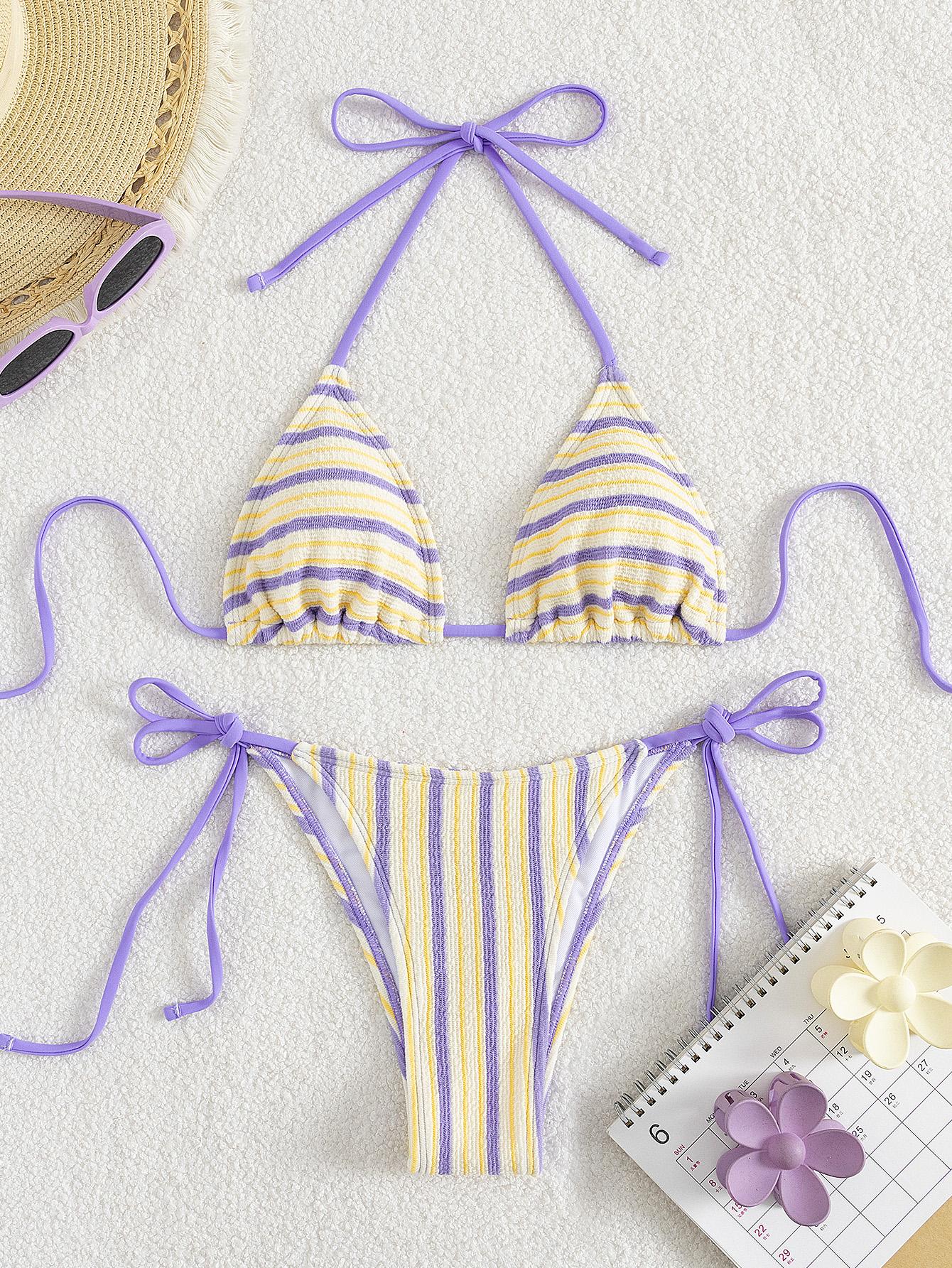 Two-piece Set Women's Striped Tie Back Bikini Set, Casual Fashion Chic Halter Neck Swim Bra & Tie Side Swim Panty Two Counts Swimsuit for Summer, Ladies Bathing Suit for Beach Holiday Vacation