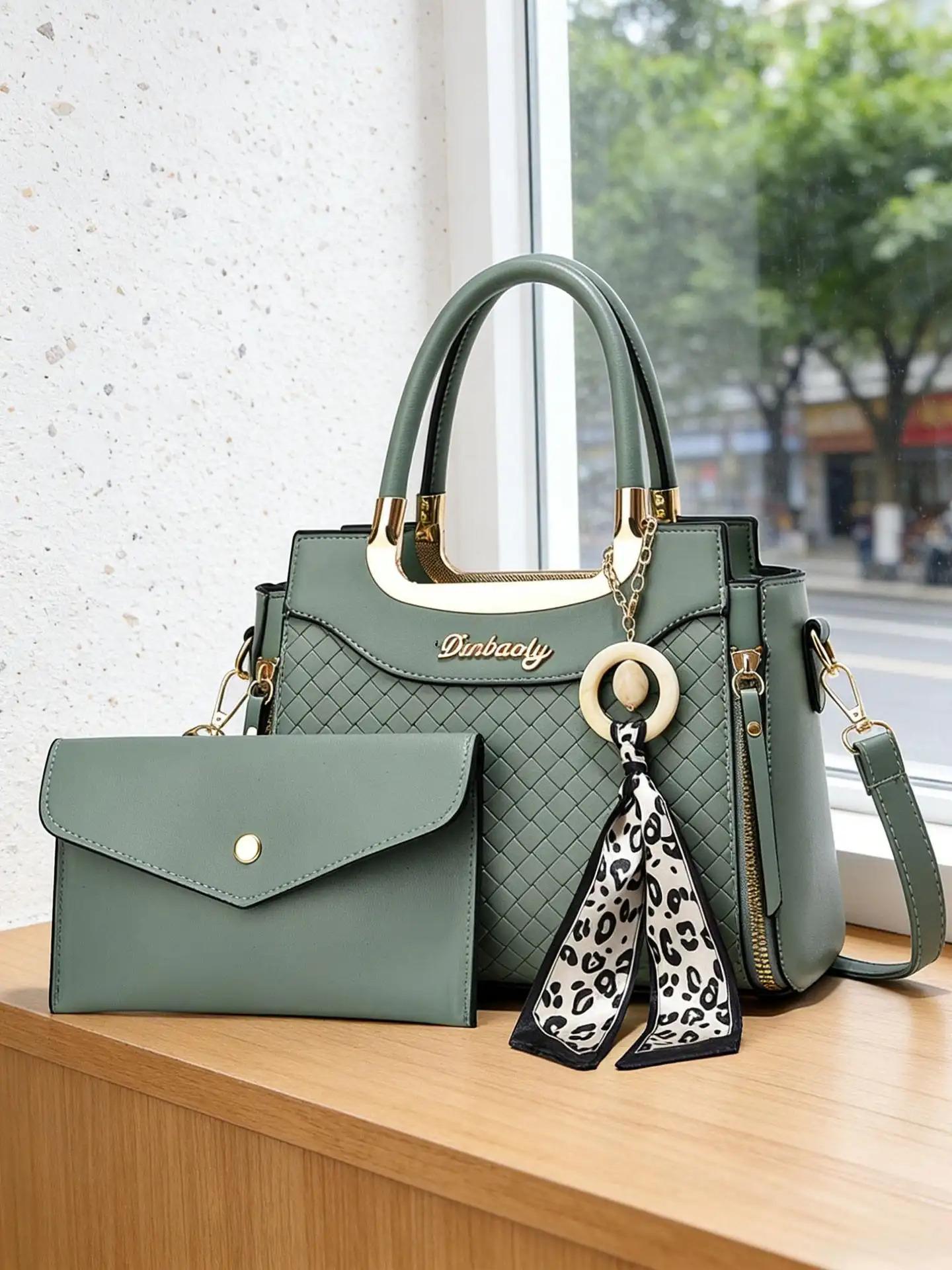 Elegant Women's Handbag Set, High-Quality Diamond Weave Design, Leopard Print Scarf Decoration, Large Capacity Shoulder Bag