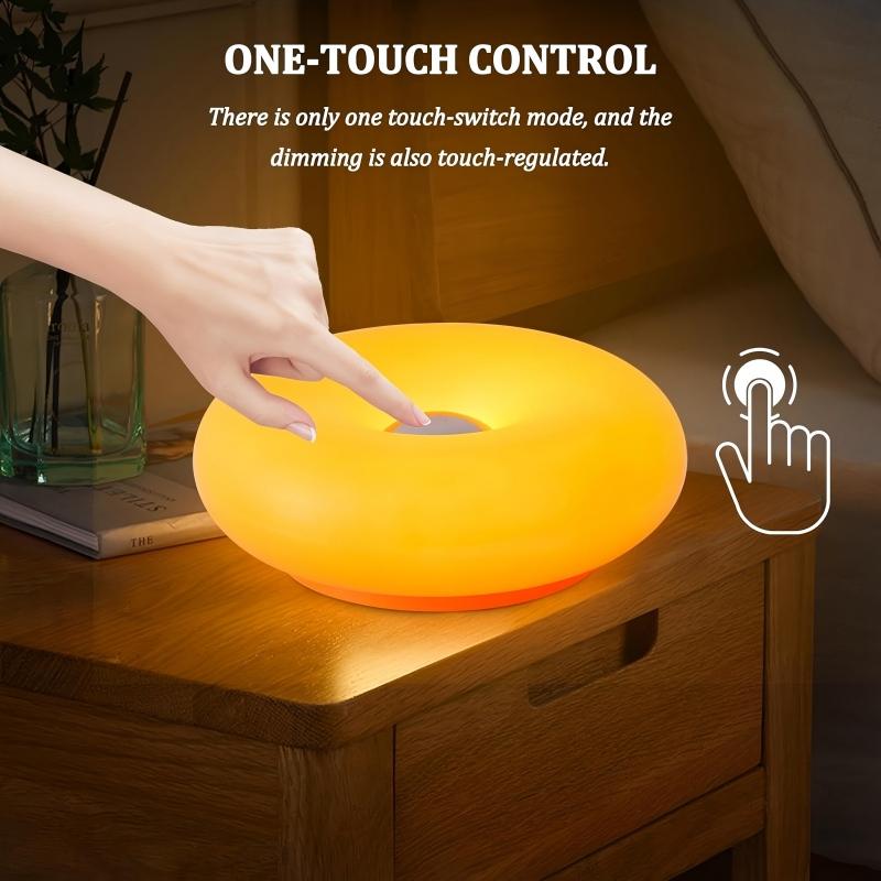 Modern Donut Table Light, LED Bedside Desk Light, USB Rechargeable Touch Switch, Three-Tone Dimming Ambiance, Durable Plastic Shade