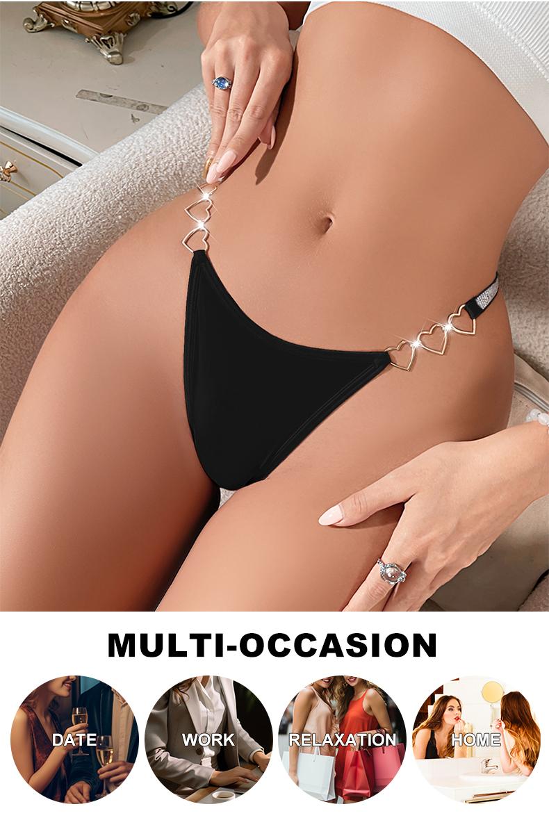 6 Psc Set Heart Metal Decor Glitter Tape Thongs Low Waist Comfy Panty, Women's Lingerie & Underwear Black Red best underwear for women