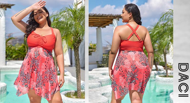 Daci Plus Size Two Piece Swim Dress with Boyshorts for Women Mesh Swimsuits Flowy Bathing Suits