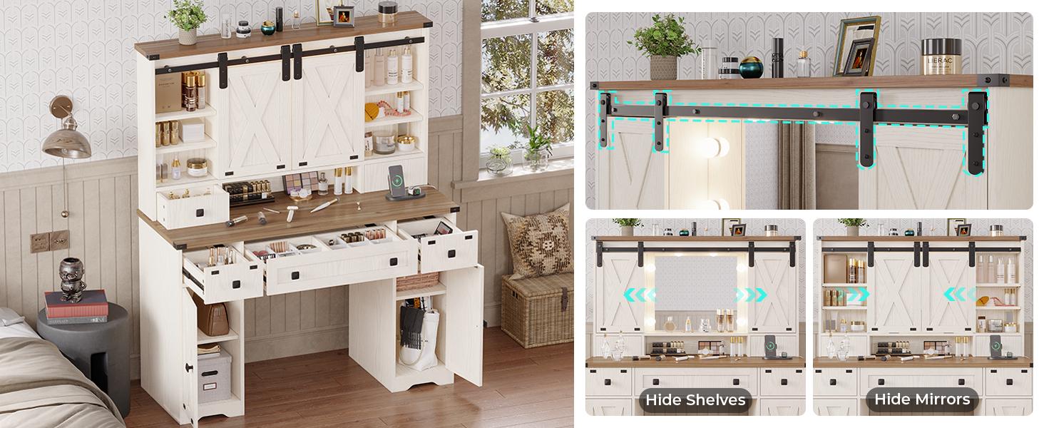 Sikaic Farmhouse Makeup Desk with Power Strips, Vanity Table with Sliding Barn Door and 5 Drawers, Dressing Table, White Furniture Organize Storage Bedroom
