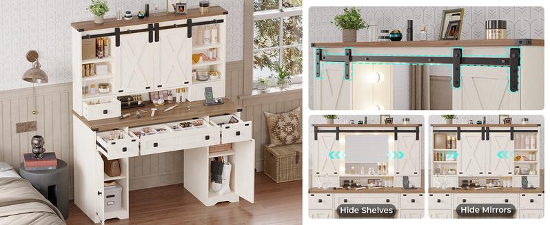 Sikaic Farmhouse Makeup Desk with Power Strips, Vanity Table with Sliding Barn Door and 5 Drawers, Dressing Table, White Furniture Organize Storage Bedroom
