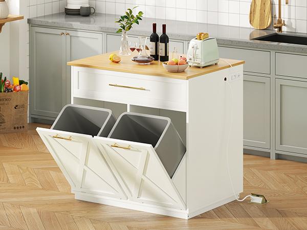 Yitahome Double Tilt Out Trash Cabinet 10 Gallon with Power Outlet, Rolling Kitchen Island Trash Can Recycling Cabinet w Drawer, Pet Proof Garbage Bin Storage for Kitchen Living Room