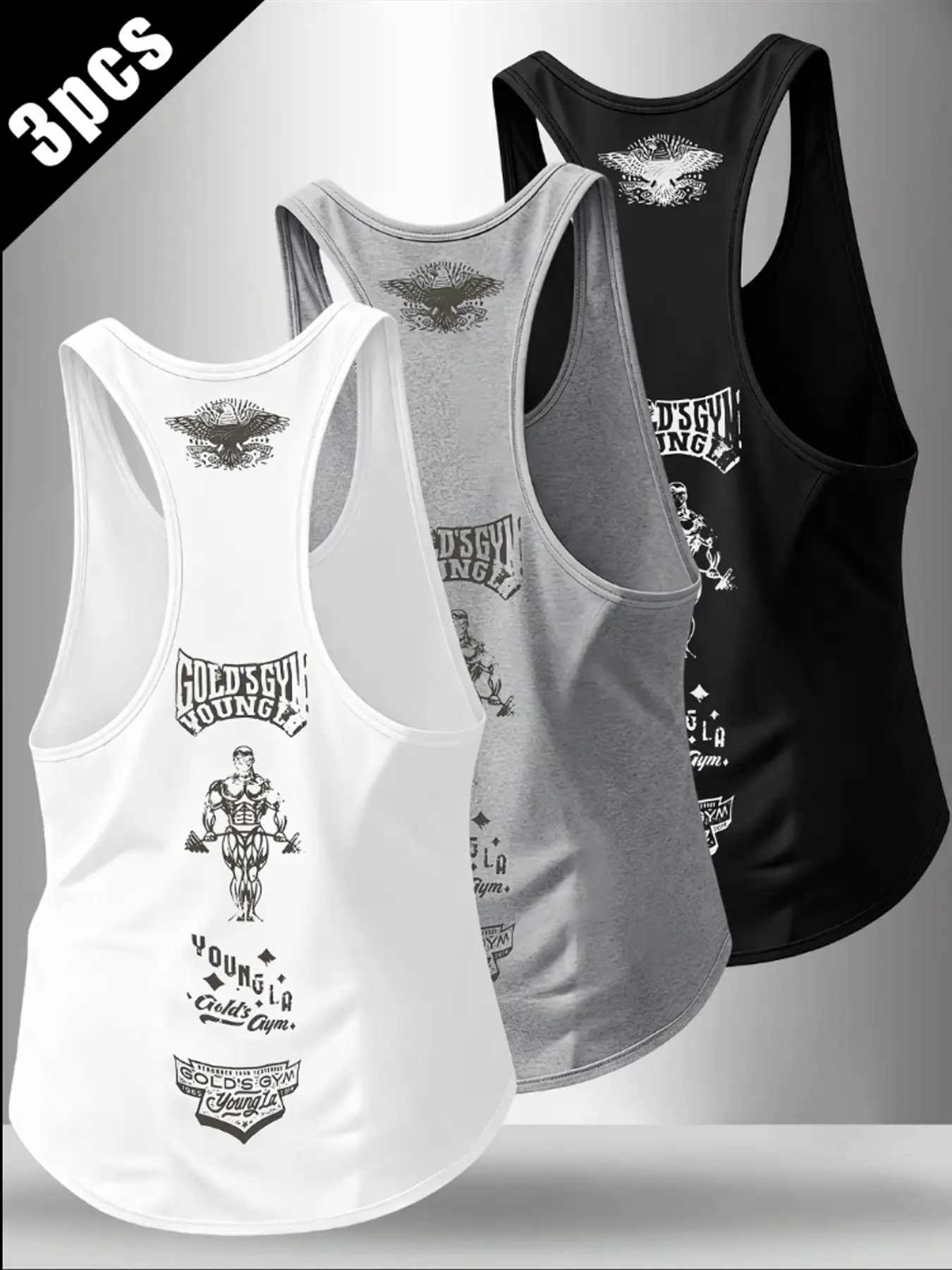 3-Pack Men's Fitness Tank Tops, Vintage Bodybuilding Print, Eagle Emblem, Stretch Quick-Dry Fabric, Gym Training, Running, Home Workout