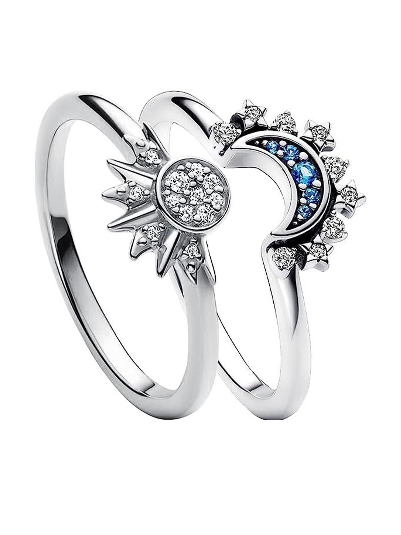 Sun Moon Couple Rings, Blue Celestial Design, Simple Rhinestone Wedding Band, Perfect Gift for Girlfriend & Best Friend