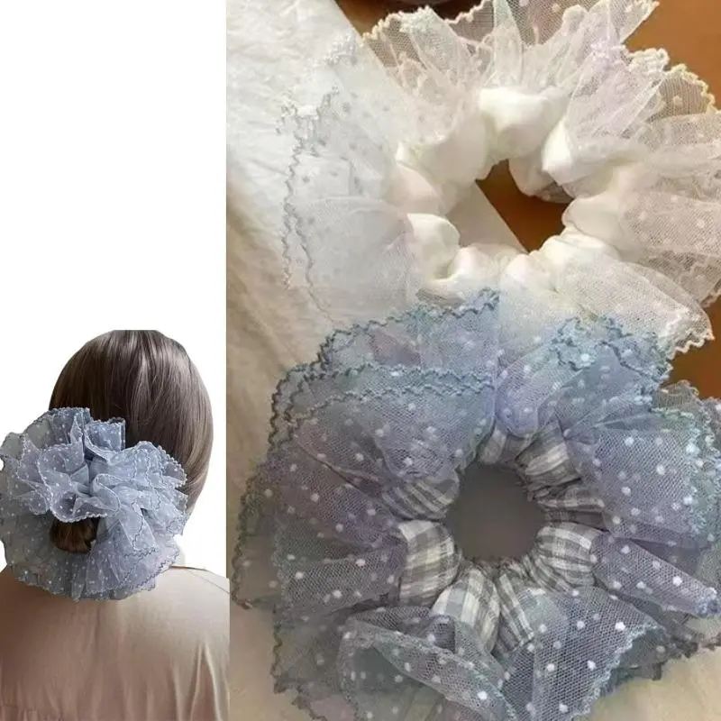Women's 2-Piece Oversize Round Scrunchies - Lace Fabric & Satin Hair Ties, Large Holders for Thick Curly Hair, White & Blue Options