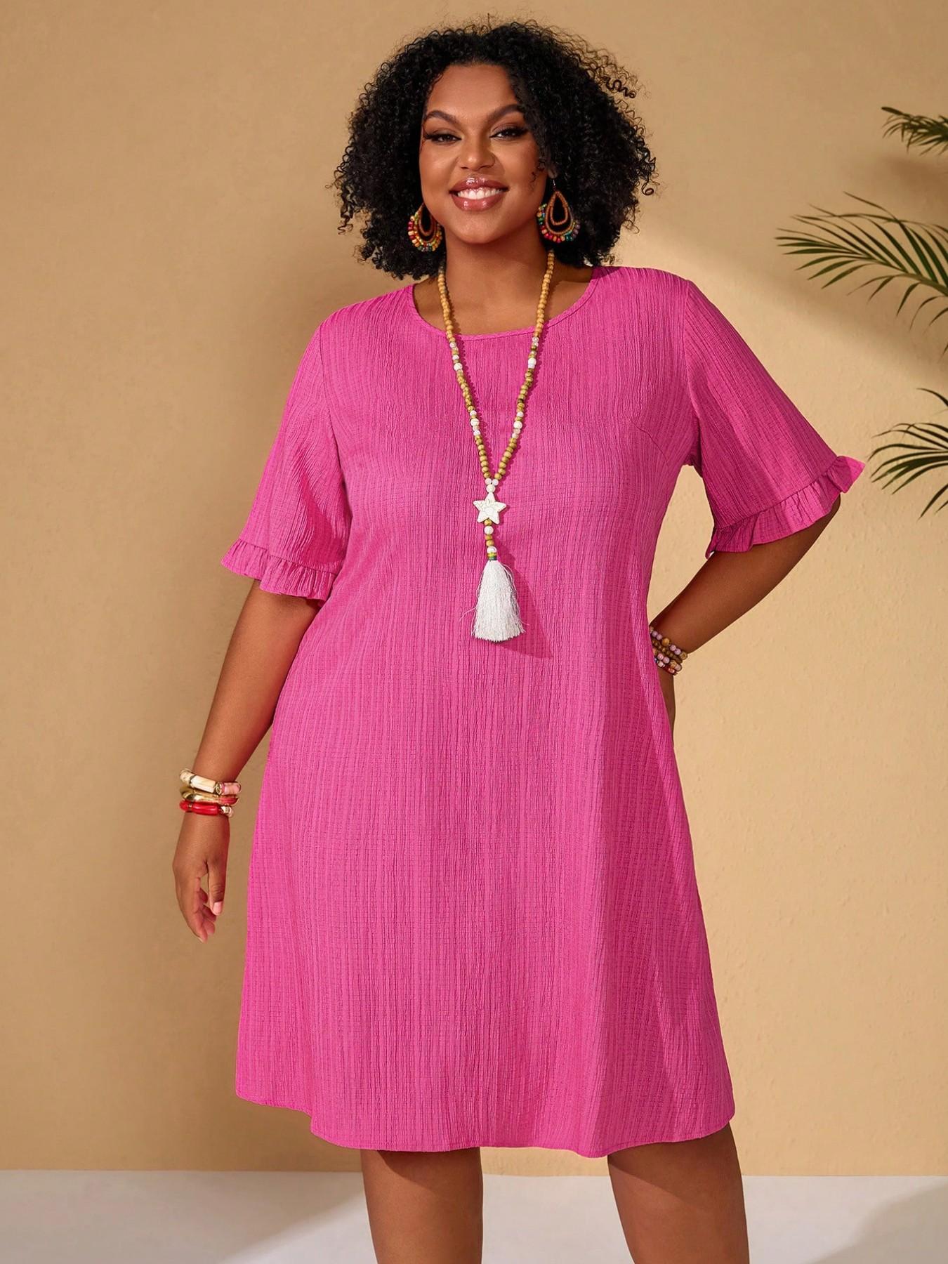 Plus Size Women's Round Neck Solid Everyday Dress, Textured Vertical Stripe Ruffled Sleeve Loose Feminine Casual Boho Elegant Skirt, Ideal for Daily Home and Outing Wear
