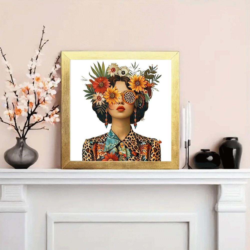 1PC 5D diamond painting 2D flat printing Diamond Painting Kit for Adults DIY Flower Leopard Print Art Home Decor with Sunflower Headpiece Design Rhinestone Embroidery Craft Supply