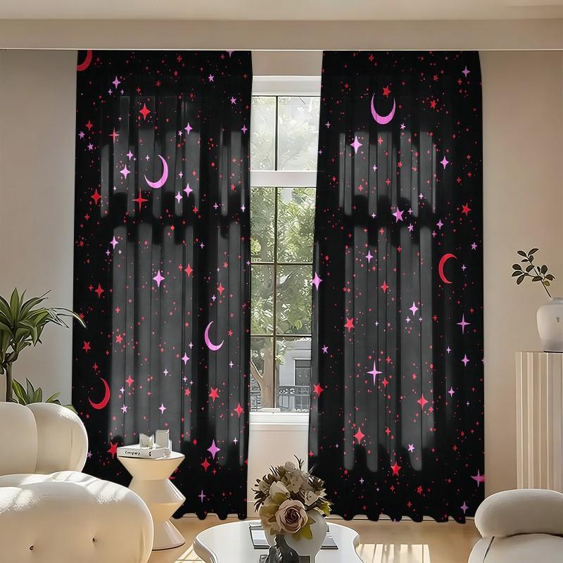 2 pieces of star-patterned curtains, made of polyester with semi-transparent texture, machine washable, suitable for bedrooms, living rooms and home decoration.
