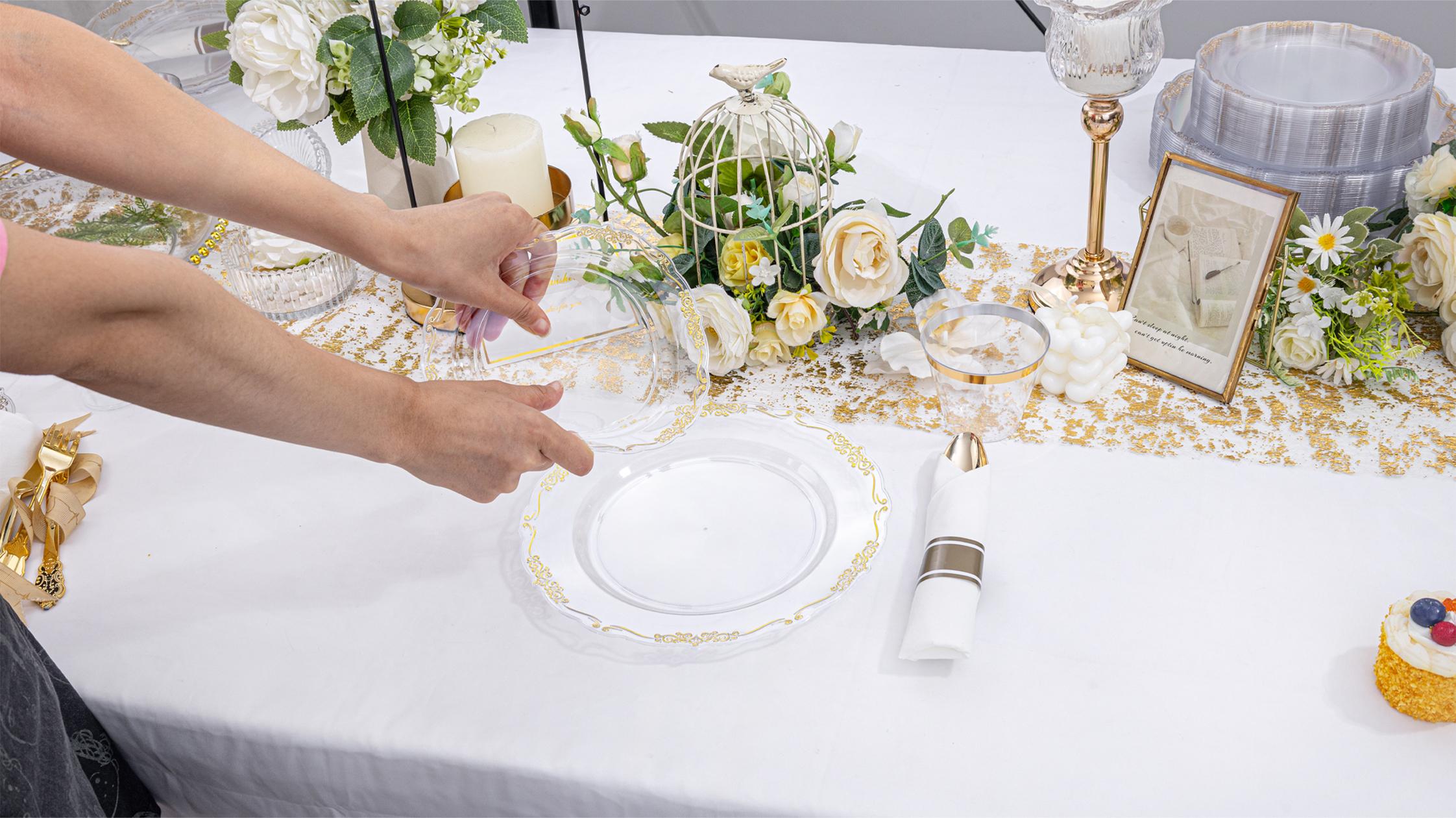 White Gold/Clear Gold/White Silver/Black Gold Plates ware Set: Dinner Plates,Dessert Plates, Cups,Napkins,Knife, forks, spoons-Perfect for Party