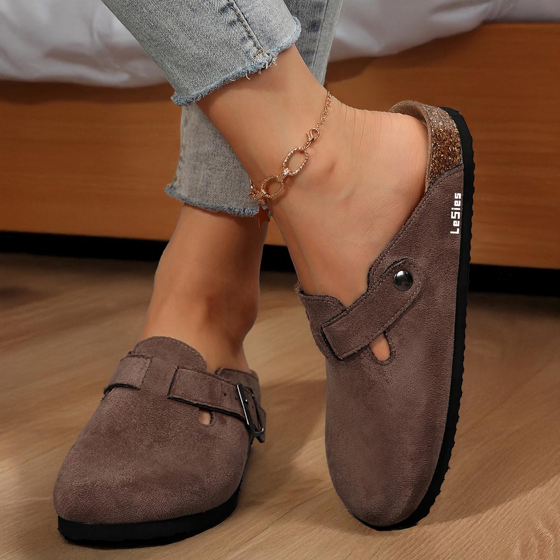 Womens Casual Slippers Comfortable Footbed Suede Light Slippers Potato Shoes with Adjustable Buckle Springfresh