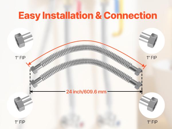 VEVOR Water Heater Kit, 24 Inch Length Water Heater Flex Connector, Waters Heaters Installation Kit with 1 FIPx 1 FIP Inlet Outlet Connection for Bathroom, Kitchen, Laundry Room, Boiler Room