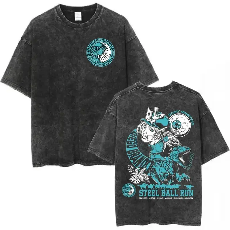 Anime Jojo Bizarre Adventure Washed T-shirt STEEL BALL RUN Diego Brando Manga T-shirts Men Women Cotton Casual Oversized T shirt