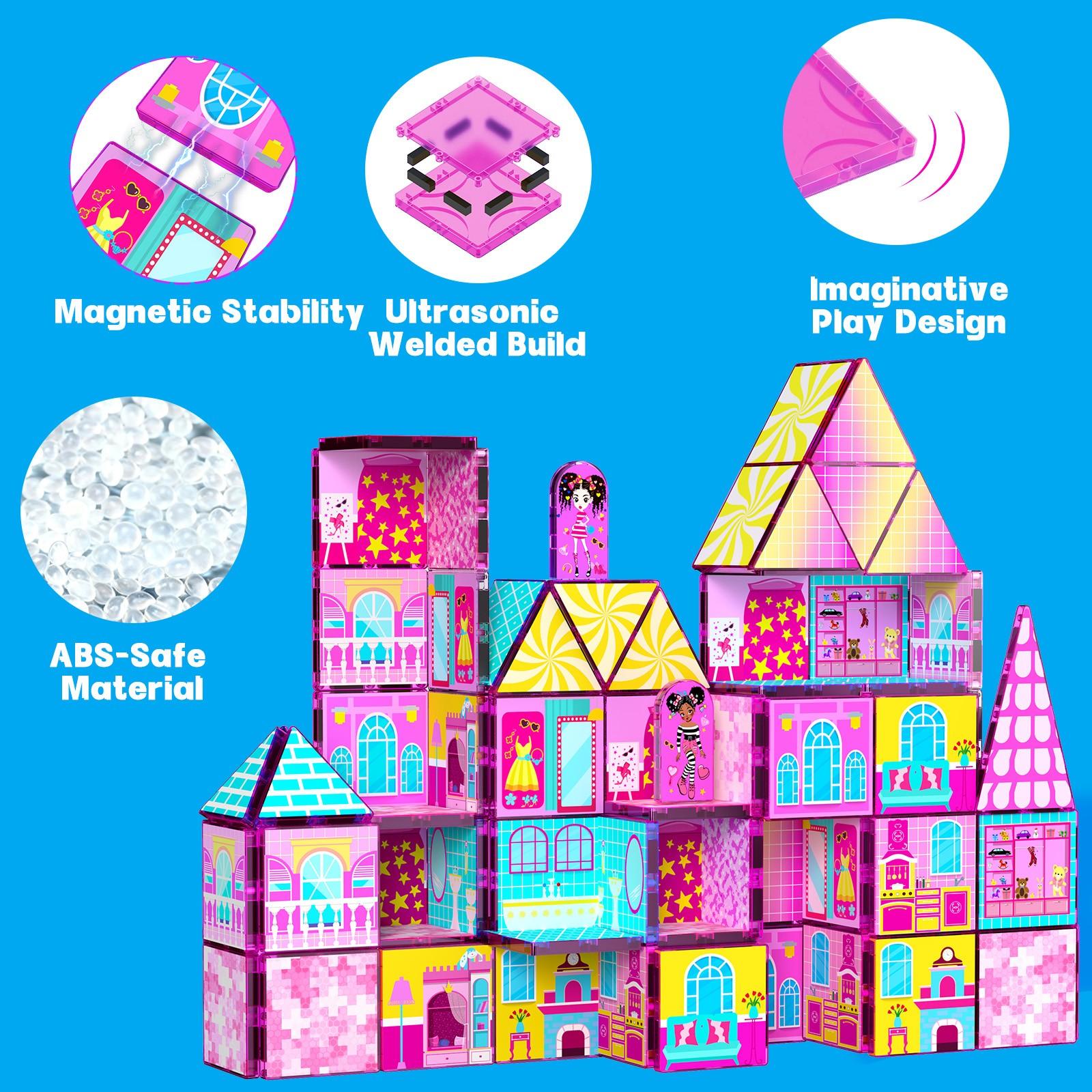 52pcs Magnetic Tiles Building Blocks, Castle Construction Toy, Stem Education Gift for Kids 3-8 Years, Boys & Girls Birthday Present