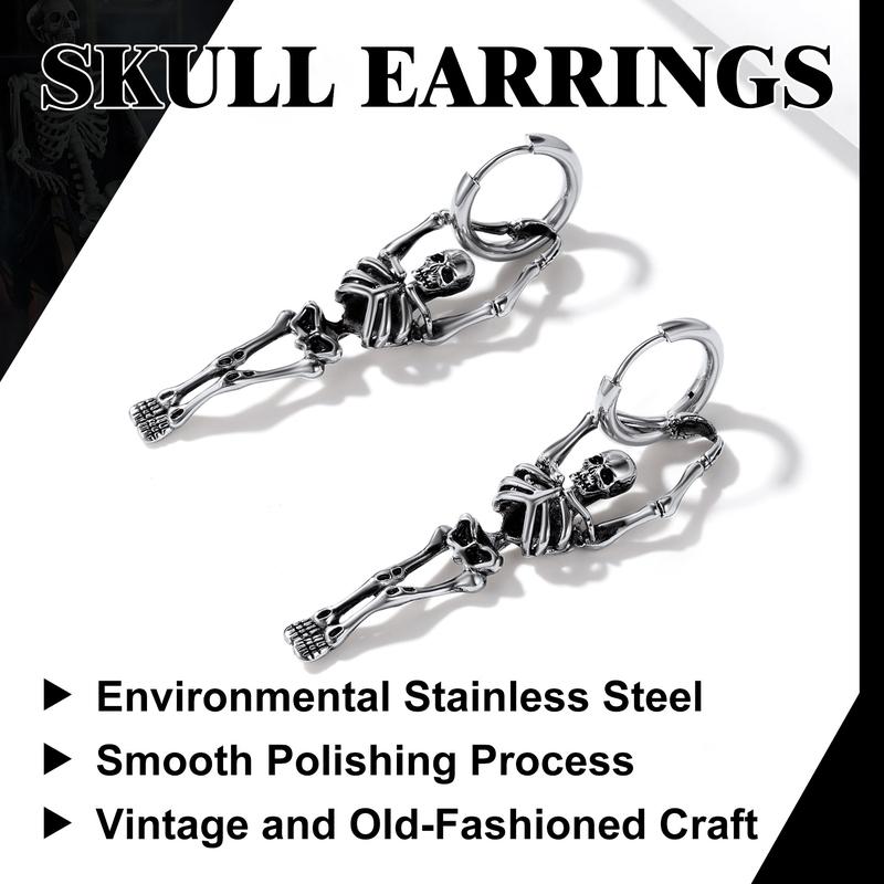 U7 Skull Skeleton Charm Hoop Earrings for Men Women Retro Vintage Gothic Skeleton Huggie Earrings Stainless Steel Dangling Earrings for Halloween
