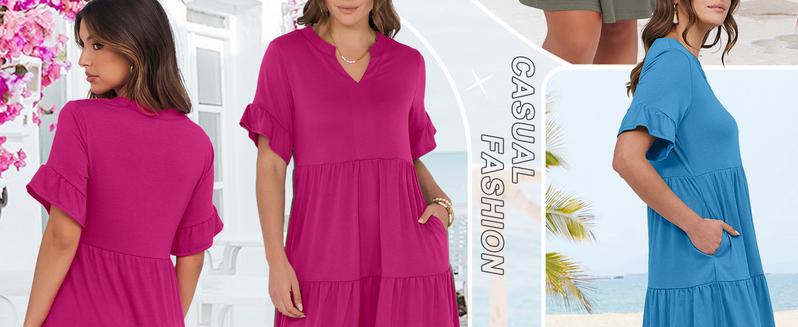 ANRABESS Womens Summer 2025 Trendy Ruffle Short Sleeve V Neck A Line Tiered Flowy Loose Casual Mini Beach Dress with Pockets